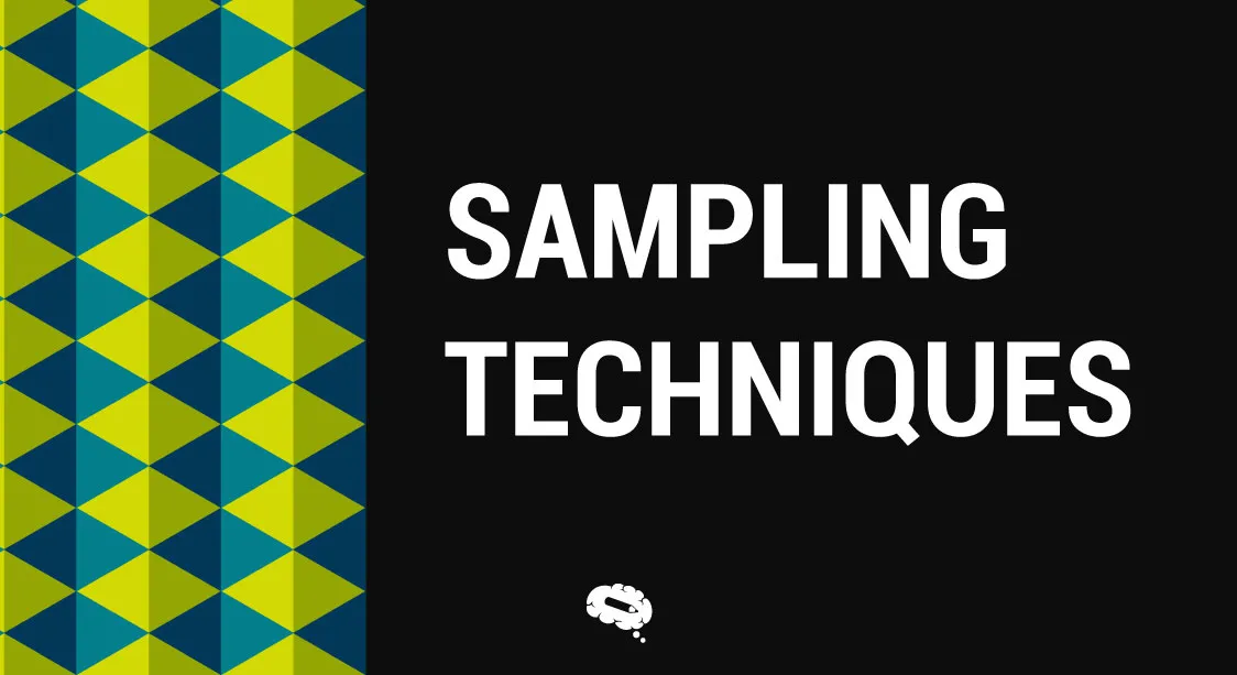 Графика с текстом "Sampling Techniques" на черном фоне с зеленым и синим геометрическим узором с левой стороны.