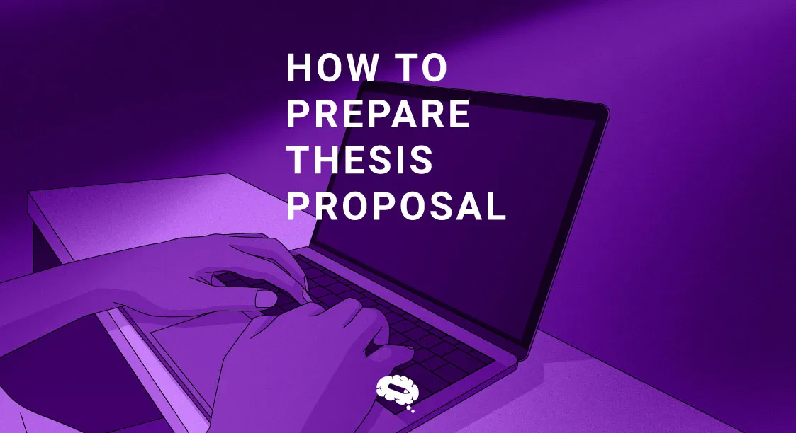 Illustrated image of hands typing on a laptop with the text 'How to Prepare Thesis Proposal' in bold white letters.